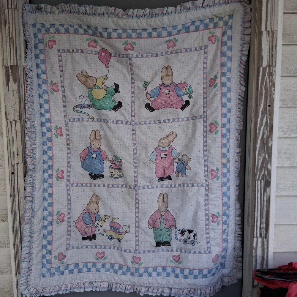 Vintage 90s Y2k Daisy Kingdom Baby Blanket Quilt Bunnies Cottagecore Pastel‎